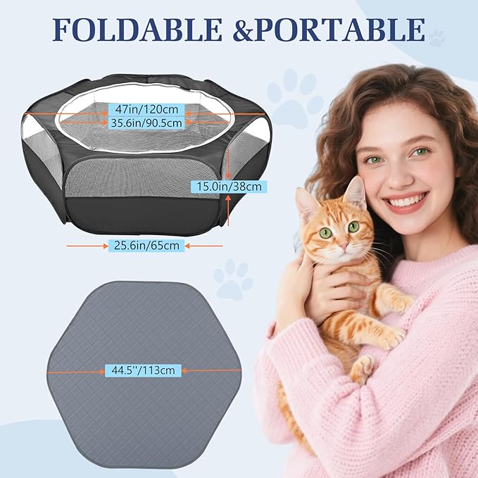 2-in-1 Small Animals Playpen with Pad, Waterproof Small Pet Cage Tent with Reusable Pad, Portable Outdoor Yard Fence with 3 Metal Rod for Chick/Kitten/Puppy/Guinea Pig/Rabbits/Chinchillas, Black-PawvioPets