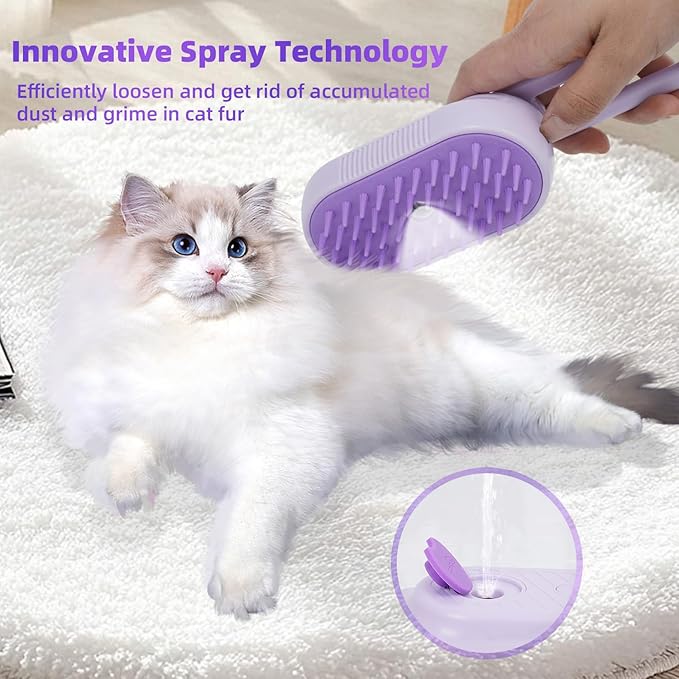 4-in-1 Rechargeable Anti-Dandruff Pet Steam Brush — brush for sheddingCats & Dogs,pet hair removal tool. Integrating functions of massage,clean, hair grooming and anti-static (purple)-PawvioPets