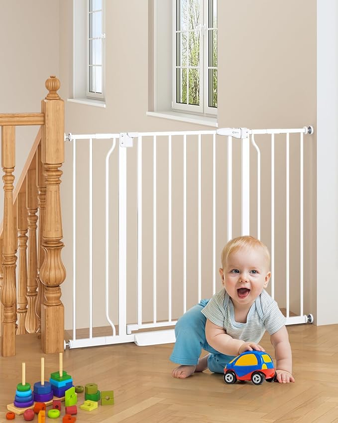 29"-45" Baby Gate for Stairs, Auto Close Stroller Friendly Dog Gate Indoor for Doorways, Pressure Mounted Baby Gate, Easy Walk Through Gate for Children & Pets, White-PawvioPets
