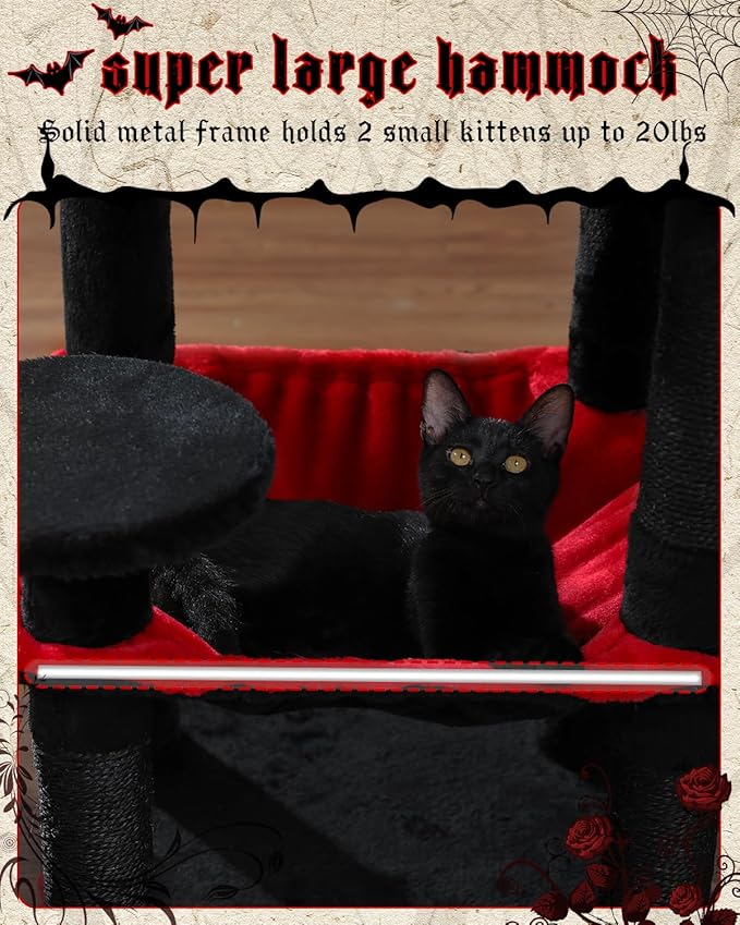 Gothic Cat Tree with Super Large Hammock, 45.7" Black Cat Tower with Coffin Bed, Cat Condo, Sisal Scratching Posts & Top Perch, Multi-Level Goth Cat Tree, Halloween, Black-PawvioPets