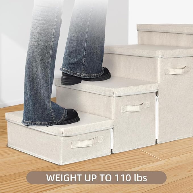 Dog Stairs with Storage, Folding Pet Steps with Zip for Small Dogs and Cats, 4-Step Pet Stairs with Pet House for High Bed, Couch and Car Ramp, Up to 200 Lbs (Beige, 4 Steps with Condo)-PawvioPets