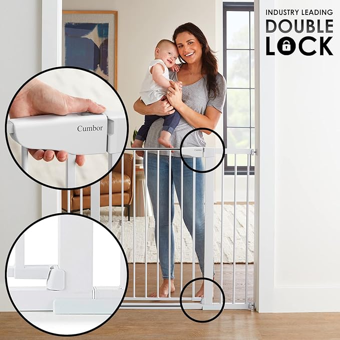 Cumbor 36" Extra Tall Baby Gate for Dogs and Kids with Wide 2-Way Door, 29.7"- 46" Width, and Auto Close Personal Safety for Babies and Pets, Fits Doorways, Stairs, and Entryways, White-PawvioPets