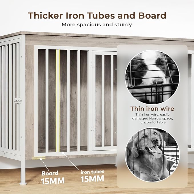 63 Inch Dog Cage Furniture for 2 Large/Medium Dogs with Removable Divider, Extra Large Double Doors Dog Kennel, XXL Thick Wooden Dog cage Furniture, Durable and Sturdy, Beige-PawvioPets