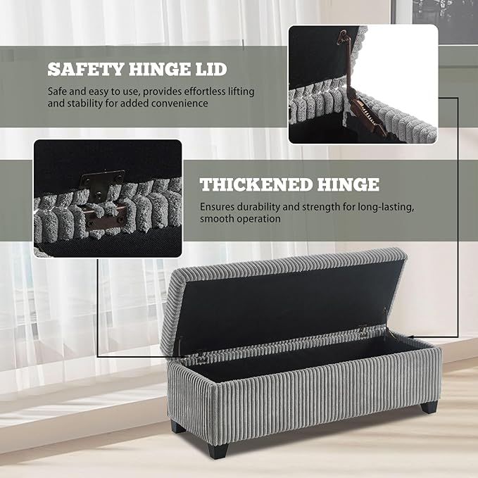 48" Ottoman with Storage, Corduroy Storage Ottoman Bench for Bedroom, End of Bed Bench with Safety Hinge for Living Room, Bedroom, Entryway, Grey-PawvioPets