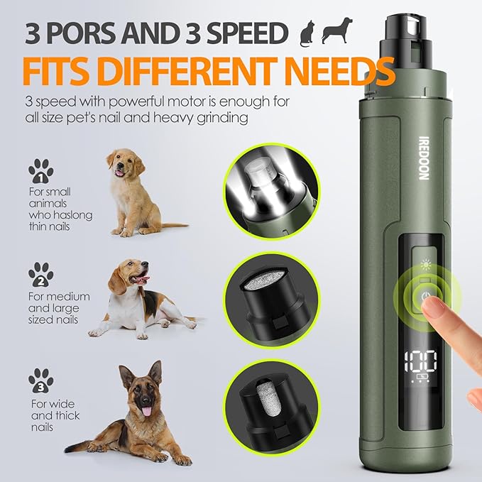 Dog Nail Grinder Upgraded - Professional 3-Speed Super Quiet and Low Vibration Electric Pet Nail Grinder with 4 LED Lights - Painless Paws Grooming & Smoothing for Small to Large Dogs (Green)-PawvioPets