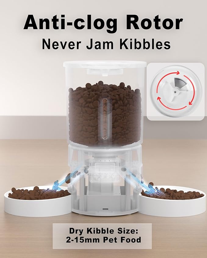 Dual Automatic Cat Feeder 2 Cats,6 Meals/Day,12 Portions/Meal,4.2L Dual Power Double Bowls Feeder,Dry Food Auto Pet Dispenser,10S Voice Record,Flexible Schedule Timer (White,Basic Dual Bowls)-PawvioPets