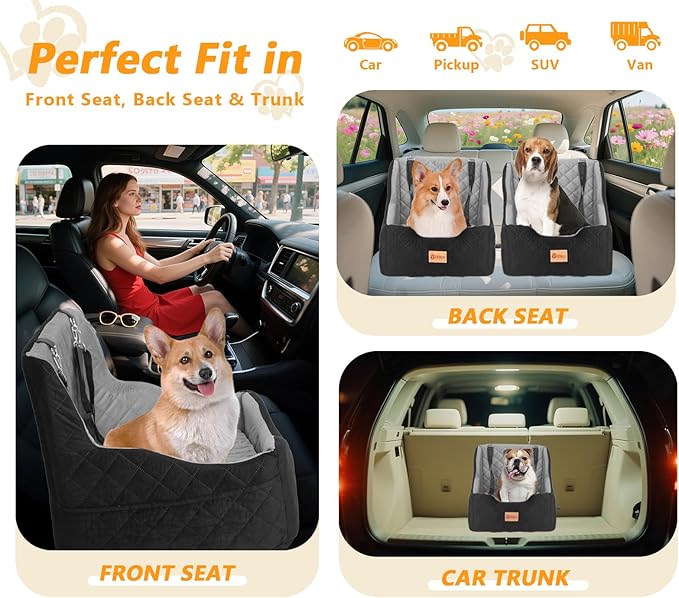 Dog Car Seat for Small/Medium Dogs Under 40lbs, Dog Booster Car Seats Memory Foam and Velvet, Detachable and Washable Pet Booster Carseats with Clip-On Satebelt and Storage Bag.(Black/Gray)-PawvioPets