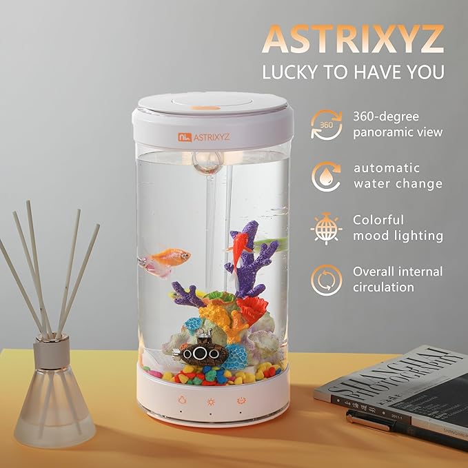 Aquarium Kit-1.5 Gallon Self-Cleaning Betta Fish Tank with 3-in-1 Filtration System, Oxygenation,Water Circulation, Multi-Color LED Lights - Quiet Desktop Aquarium for Home,Office & Gifts(White)-PawvioPets