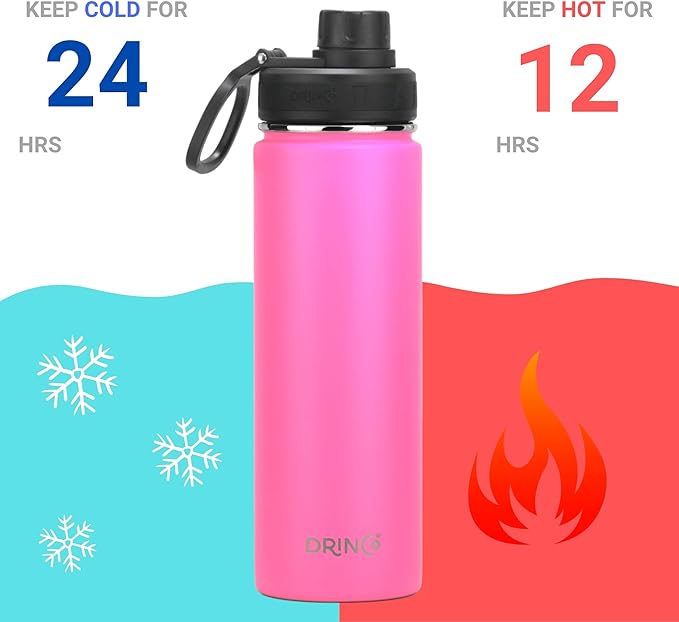 DRINCO Stainless Steel Water Bottle Spout Lid Vacuum Insulated Double Wall Water Bottle Wide Mouth (40oz 32oz 22oz 18oz 14oz) Leak Proof Keep Cold Sport Camping Hiking (22 oz, 22oz Island Pink)-PawvioPets