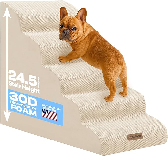 Dog Stairs for High Beds, Extra Tall 24.5" 5-Step Pet Steps for Medium & Small Dogs, Foam Ramp for Tall Couch & Bed, Washable Cover - Dog Steps for Bed-PawvioPets