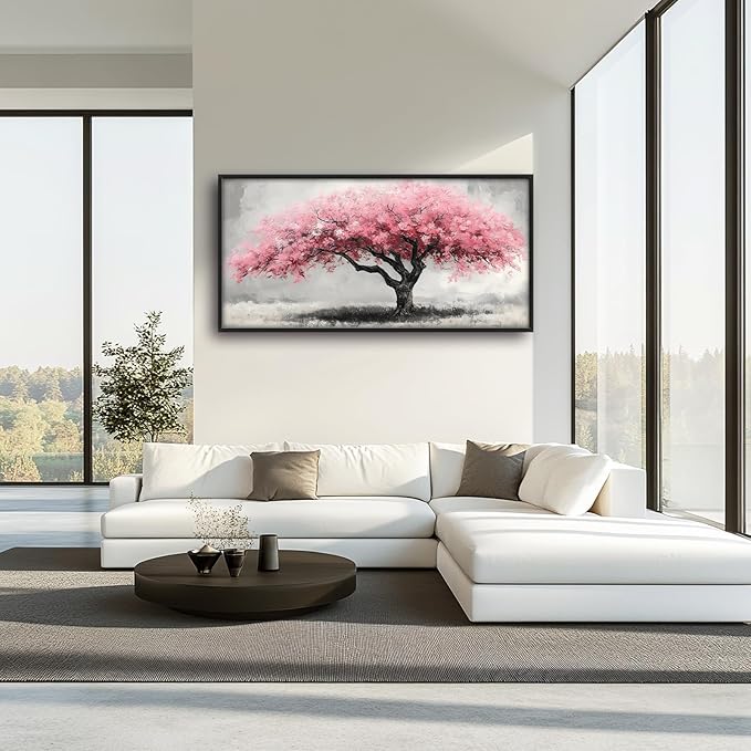 Extra Large Framed Pink Tree Wall Art,Abstract Tree of Life Wall Decor,Pink and Grey Pictures for Living Room,Canvas Print Painting Modern Artwork Bedroom Office Bathroom Home Decor 60L x30W-PawvioPets