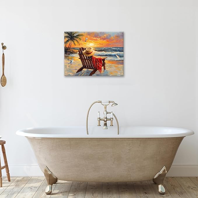 Beach Coastal Bathroom Pictures Wall Art, Seaside Ocean Bathroom Wall Decor, Sunrise Palm Framed Painting Canvas Artwork for Bedroom Living Room Decorations 16"L x 12"W-PawvioPets