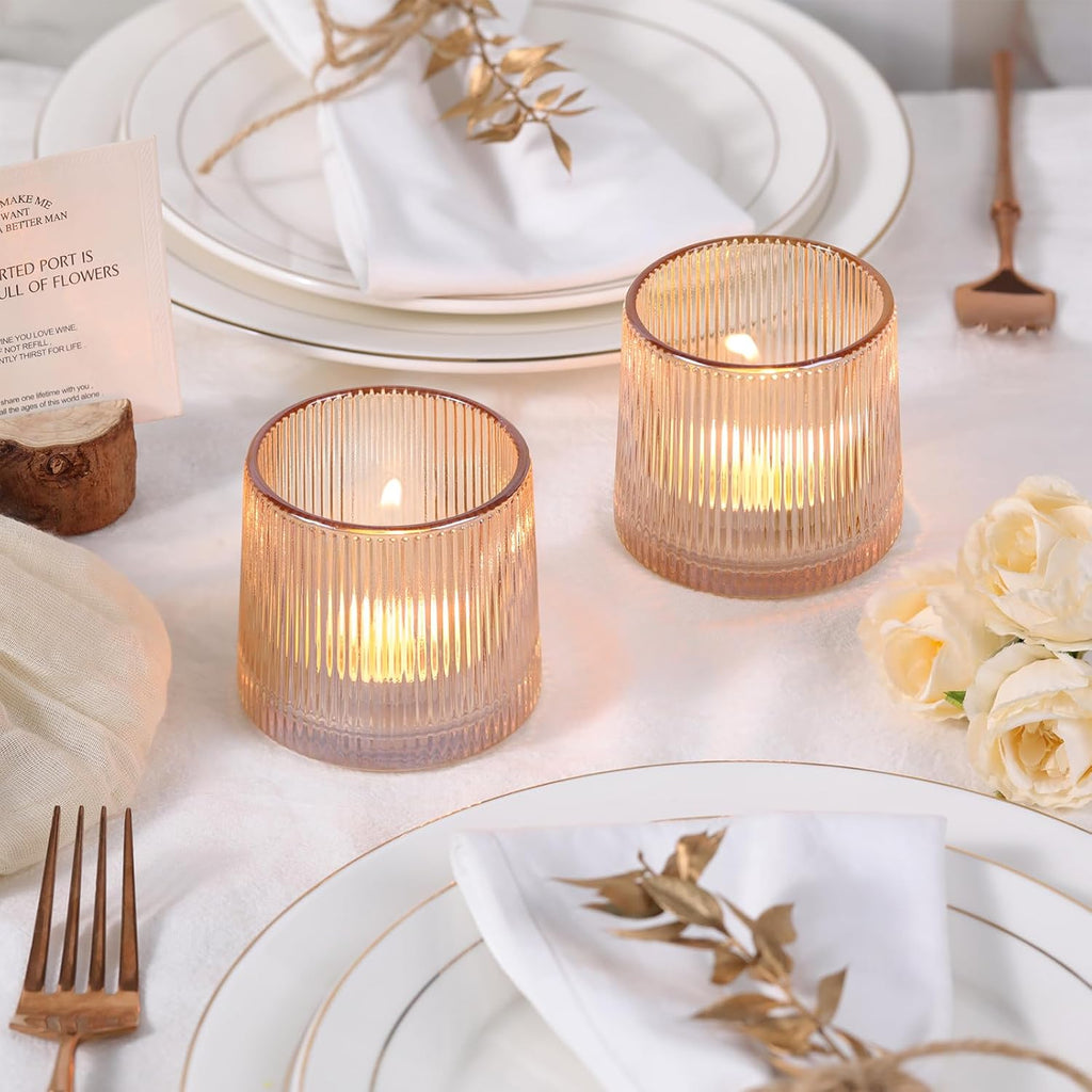 DARJEN Gold Ribbed Tealight Votive Candle Holders- 6Pack Glass Candle Holders for Table Centerpiece, Home Decor, Wedding Decor, Party Dinner