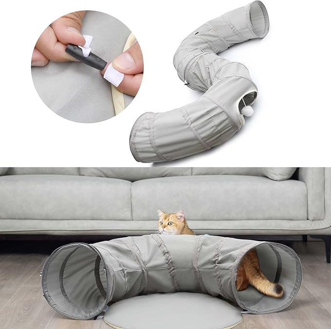 AUOON Cat Play Tunnel - Round Cat Tunnel with Bed | Interactive Cat Toys for Indoor Cats Kitten Kitty Puppy Rabbit Ferret (Light Grey)-PawvioPets