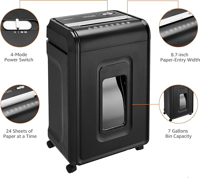 Amazon Basics 24 Sheet Cross Cut Paper, CD and Credit Card Home Office Shredder with Pullout Basket, Black-PawvioPets