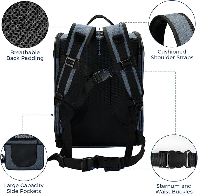 Apollo Walker Dog & Cat Carrier Backpack for 4-15lb Pets - Ventilated Safe Design with Padded Back Support, Breathable Mesh Pet Backpack for Hiking, Travel, Outdoor (Navy)-PawvioPets