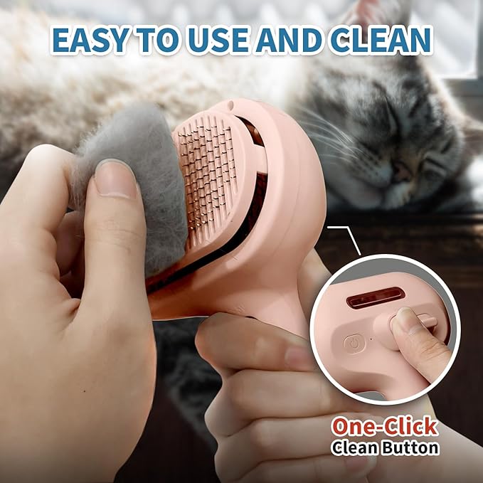 3-in-1 Self-Cleaning Steam Brush - Anti-Static, for Grooming Long & Short Pet Hair, Reduces Shedding, Pink-PawvioPets