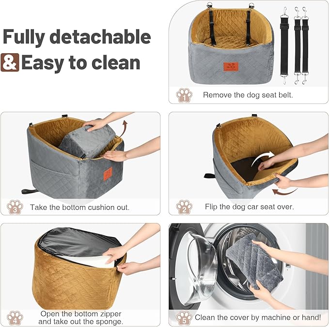 Dog Car Seat for Small Medium Dogs, Memory Foam Booster Car Seat for Dogs up to 35 lbs, Elevated Pet Car Seat, Travel Safety Bed with Washable Removable Cover and Storage Pockets(Gray/Coffee)-PawvioPets