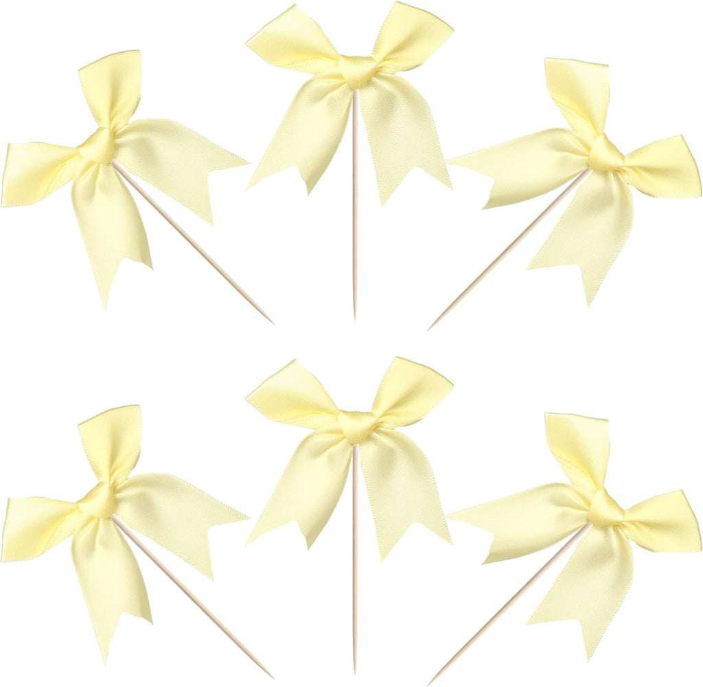 24 PCS Bow Cupcake Toppers Bow Cupcake Picks Bowknot Birthday Party Decorations Bowknot Cake Dessert Picks for Baby Shower Birthday Wedding Bridal Engagement Party Cake Decorations Supplies Yellow