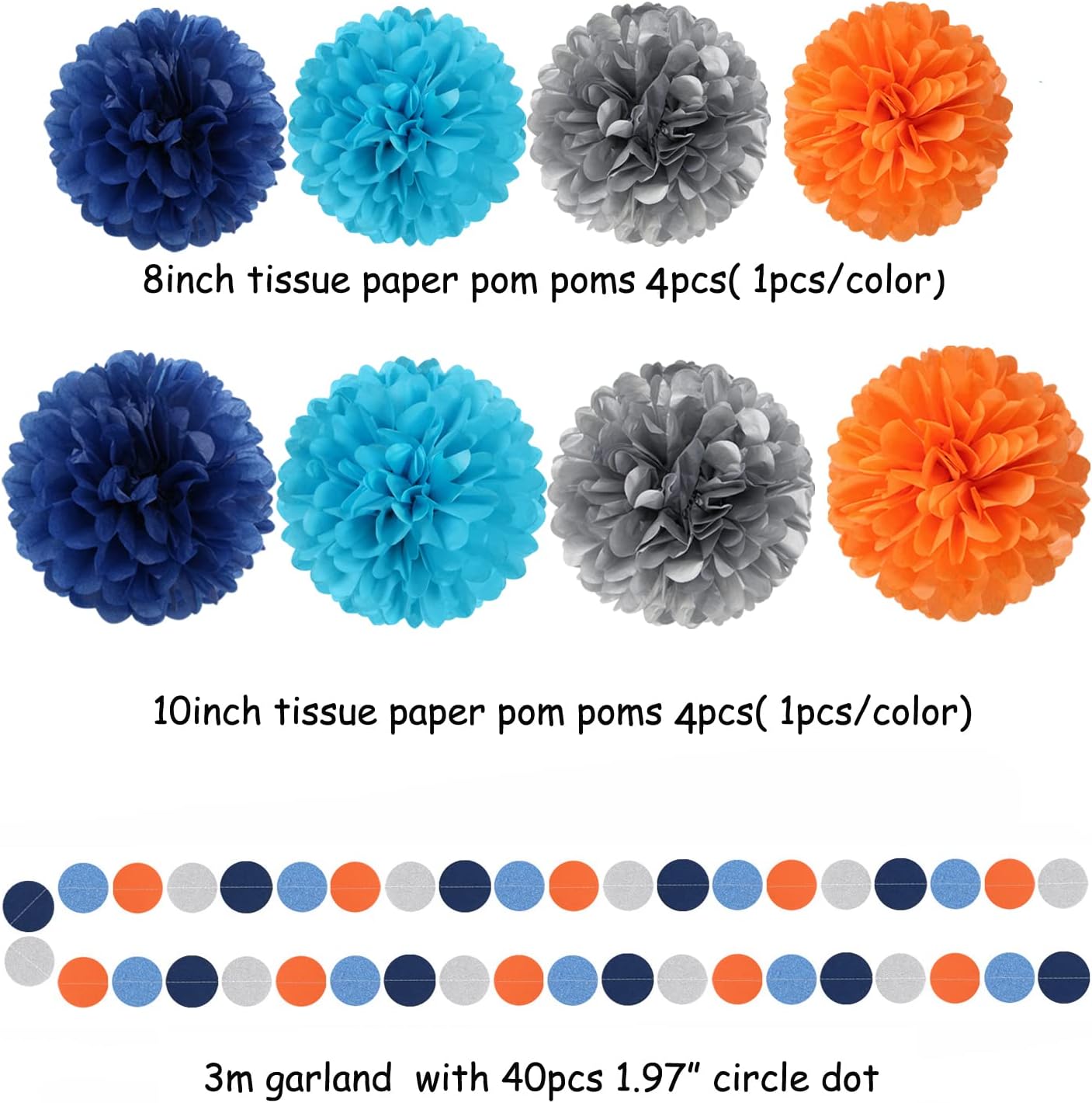 Blue-Silver Orange Space Party-Decorations Streamers-Garland - 30pcs Graduation 2025 Tissue Pom Poms,Tassel Banner Backdrop Birthday Boy Baby Shower Decor Bunting Lasting Surprise