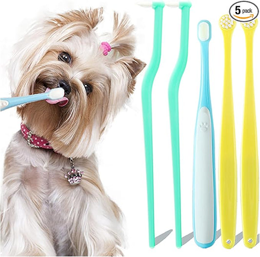 Dog Toothbrush Small Breed Cat Toothbrushes, Puppy Tooth Brushing Kit, Tiny Dog Tooth Brush, Micro Head Deep Teeth Cleaning Brushes for Mini Pet Doggie Kitten, Soft Bristles, 5 PCS-PawvioPets