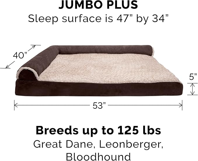 Furhaven Cooling Gel Dog Bed for Large Dogs w/ Removable Bolsters & Washable Cover, For Dogs Up to 125 lbs - Two-Tone Plush Faux Fur & Suede L Shaped Chaise - Espresso, Jumbo Plus/XXL-PawvioPets