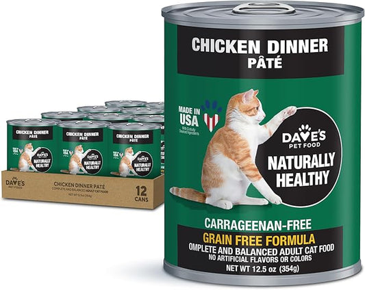 Dave's Pet Food Grain Free Wet Canned Cat Food Pate(Chicken), Made in USA Naturally Healthy, Wheat & Gluten-Free, 12.5 oz Cans (12 Pack)-PawvioPets