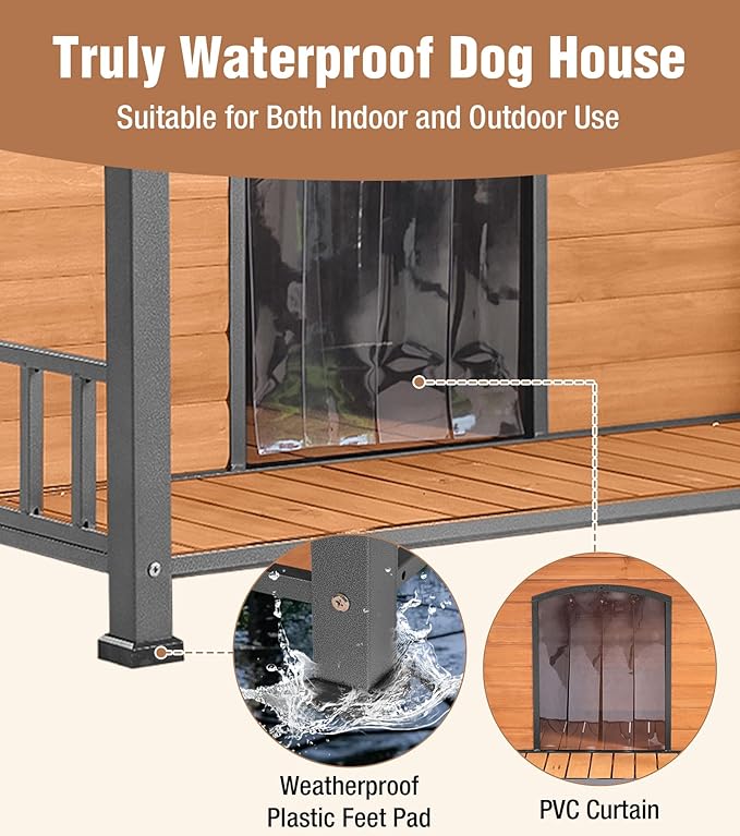 Extra Large Dog House Outdoor for Large Dogs, Insulated Dog House with Metal Frame, Waterproof Dog Shelter with Asphalt Roof, PVC Curtain & Multifunctional Patio, Indoor Outdoor Use-PawvioPets