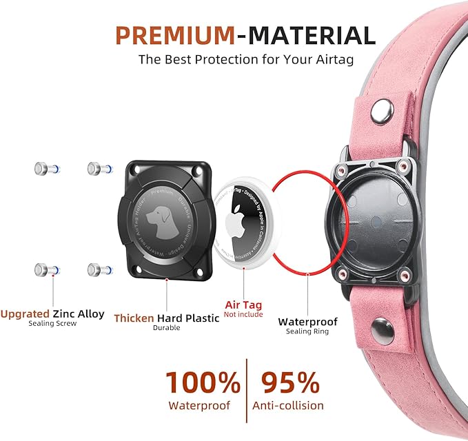 AirTag Dog Collar - Leather Dog Collar with Air Tag Holder | IPX8 Waterproof, Reflective, High - End, Adjustable Soft Padded | Dog GPS Tracker Collars Fit for Medium Large Dogs (Pink, XL)-PawvioPets