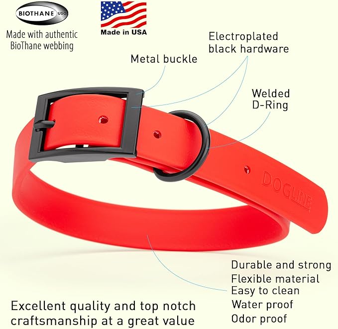 Dogline Biothane Waterproof Dog Collar Strong Coated Nylon Webbing with Black Hardware Odor- Proof for Easy Care Easy to Clean High Performance Fits Small Medium or Large Dogs, Cherry Red-PawvioPets