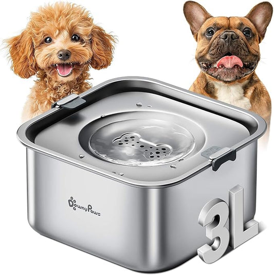 DownyPaws No Spill Water Bowl for Dogs,101oz/3L Stainless Steel Slobber Stopper, No Drip Slow Drinking Dog Water Bowl, No Mess Dog Water Dispenser Spill Proof, Dishwasher Safe, Silver-PawvioPets