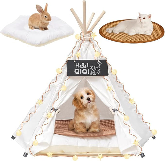 20" Dog& Cat Teepee Tent +24" Pet Cooling Mat +10ft Star String Light [2-Modes],Cotton Thicked Soft Comfort Anti-Slip Cushion (Used/Wash Separately),Medium Pets Tents House Indoor or Outdoor-PawvioPets