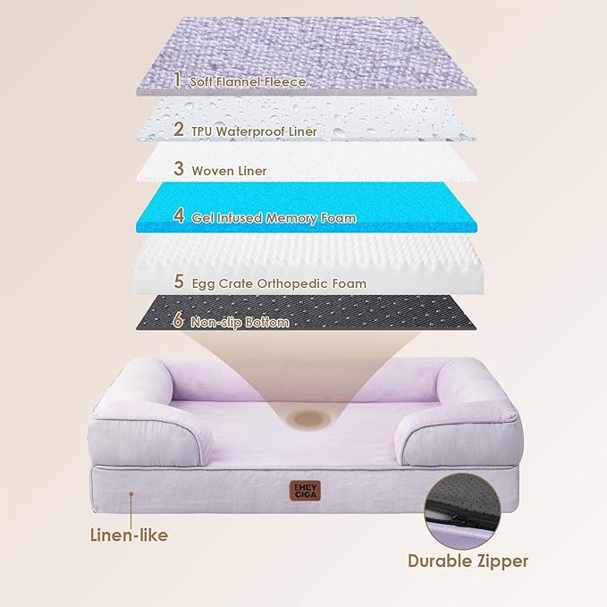 EHEYCIGA Orthopedic Dog Beds for Extra Large Dogs, Waterproof Memory Foam XXL Pet Bed with Sides, Non-Slip Bottom and Egg-Crate Foam Big Dog Couch Bed with Washable Removable Cover, Lilac-PawvioPets