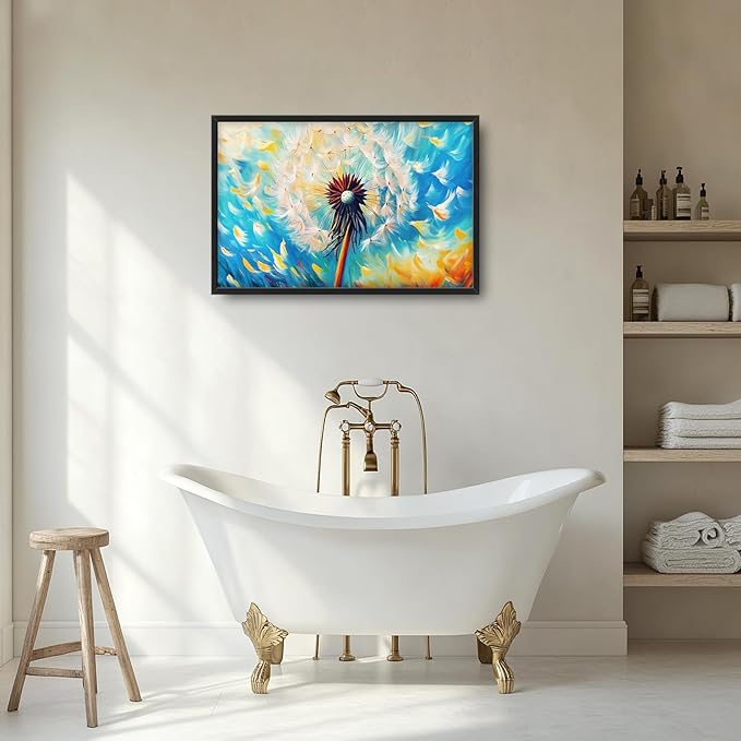 Extra Large Abstract Dandelion Framed Wall Art for Living Room,Oversized Colorful Dandelion Flower Pictures Wall Decor,Blue Canvas Print Painting Modern Artwork Bedroom Office Bathroom 36L" x 24W"-PawvioPets