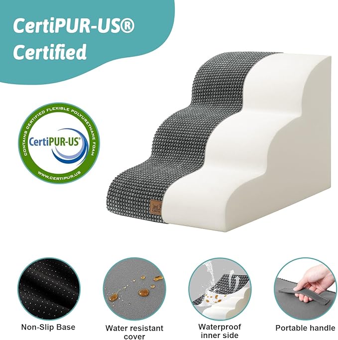 Dog Stairs for Small Dogs 15.7" H, Curved Dog Step for Puppy, Older Cat, Medium Pet Ramp for Sofa, Couch or Chair, Ladder with High Density Foam, 15.7x22.4x15.7 inch, 3 Step, Dark Grey-PawvioPets