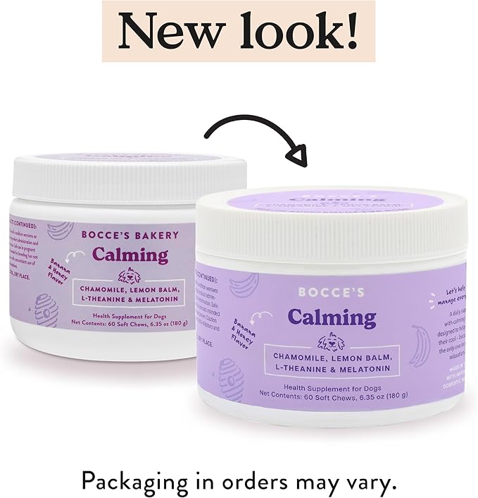Bocce's Bakery Calming Supplement for Dogs, Daily Chews Made in The USA with Chamomile, Lemon Balm, L-Theanine & Melatonin, Supports Stress, Peanut Butter & Honey, 60 ct-PawvioPets