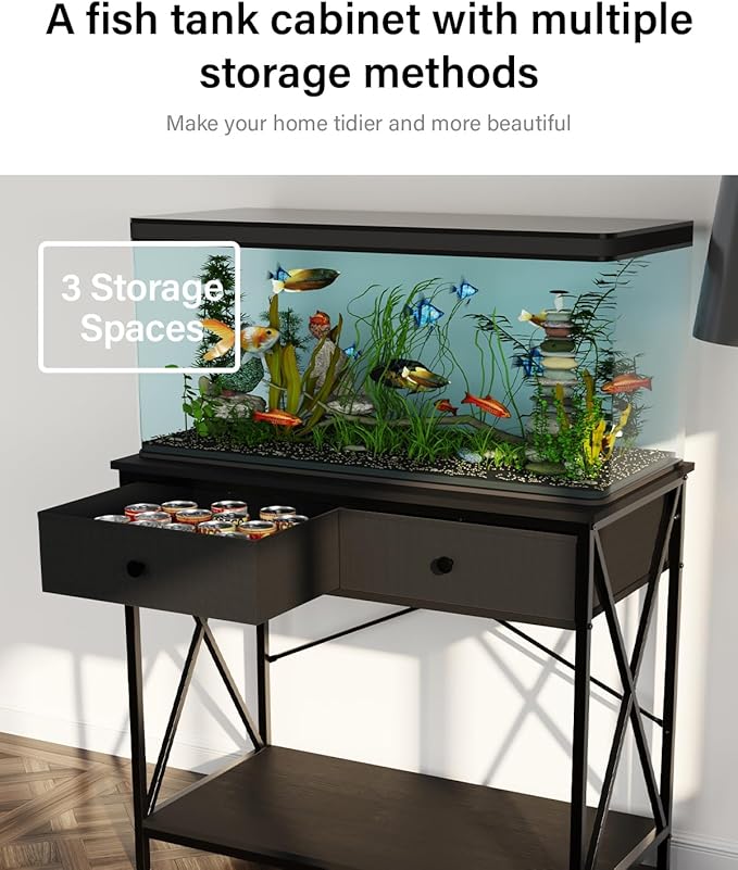 Fish Tank Stand 40 Gallon: Sturdy Aquarium Stand with Accessories Storage - Metal Fish Tank Table for 40-50 Gallon Reptile Breeder Turtle Terrarium - 35"X19.54" Weight Capacity 660 lbs-PawvioPets