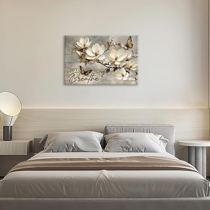 Floral Magnolia Bathroom Pictures Wall Art, Just Breathe Bathroom Wall Decor, Flower Butterfly Framed Painting Canvas Artwork for Bedroom Living Room Decorations 24"L x 16"W-PawvioPets
