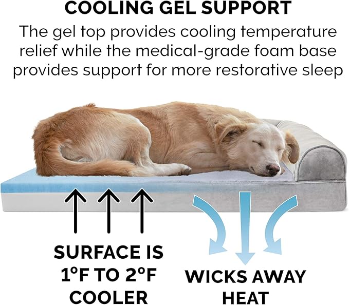 Furhaven Cooling Gel Dog Bed for Large Dogs w/ Removable Bolsters & Washable Cover, For Dogs Up to 95 lbs - Faux Fur & Velvet Sofa - Smoke Gray, Jumbo/XL-PawvioPets