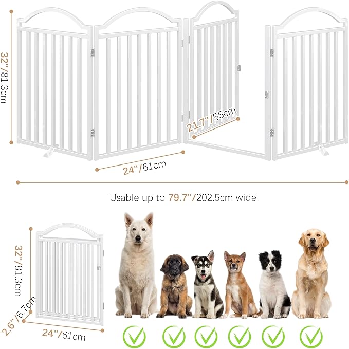 BHG Metal No-Assembly Freestanding Dog Gate with Door Walk Through, Extra Wide 96", Extra Tall 32" Pet Gate, Accordion Puppy Folding Playpen Dog Fence for Indoor & Outdoor, with 2PCS Support - White-PawvioPets