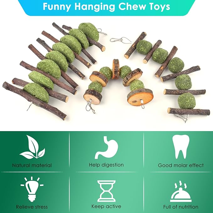 ERKOON Bunny Chew Toys, Rabbit Chew Toys for Teeth Grinding, Improve Dental Health, 100% Natural Apple Wood Timothy Grass Cake Treats for Rabbits Guinea Pigs Chinchillas Bunnies Hamsters (5 Pcs)-PawvioPets