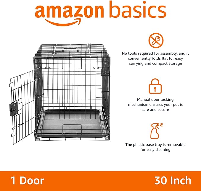 Amazon Basics Durable, Foldable Metal Wire Dog Crate with Tray, Single Door, 30 x 19 x 21 in, Black-PawvioPets