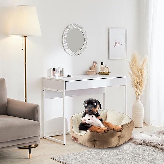 Asvin Small Dog Bed for Small Dogs, Cat Beds for Indoor Cats, Pet Bed for Puppy and Kitty, Extra Soft & Machine Washable with Anti-Slip & Water-Resistant Oxford Bottom, Light Brown, 20 inches-PawvioPets