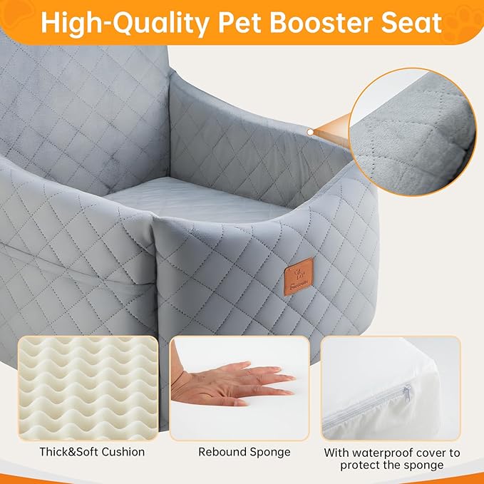Dog Car Seats for Small Dogs, FurFrolic Memory Foam Dog Booster Seat for Small/Medium Dogs up to 35 lbs, Travel Pet Car Seat with Washable Detachable Cover, Storage Pockets, 2 Safety Belts (Gray)-PawvioPets