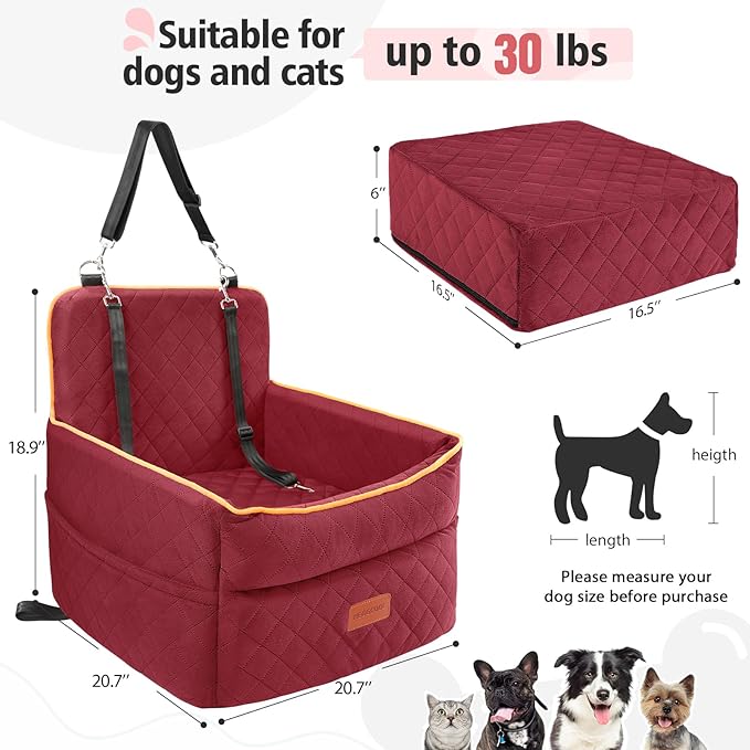 Dog Car Seat for Small Medium Dogs, Memory Foam Puppy Dog Booster Seat with Thick Cushion for Dogs Under 35lbs, Detachable Washable Pet Car Seat Travel Bed with Storage Pockets,2 Safety Belts-PawvioPets