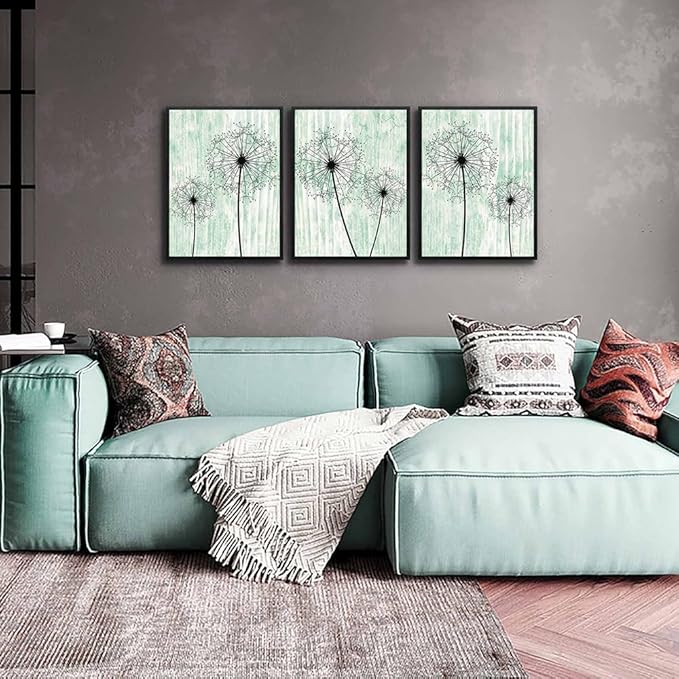AHUASJART Black Framed Wall Art for Living Room Wall decor for Bedroom Room Decor light green background Pictures Dandelion Paintings posters kitchen Home Decorations 3 Piece Framed Prints Artworks-PawvioPets