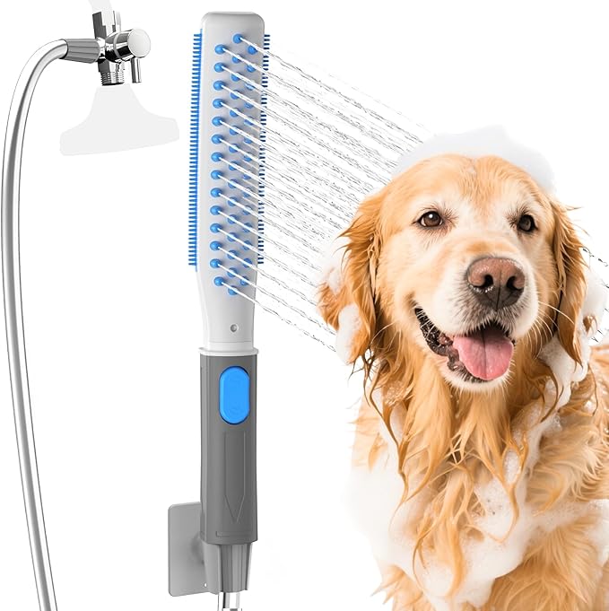 Dog Shower Attachment, Dog Washing Hose Attachment with Metal T-Diverter, Dog Bathing Supplies with 3 Spray Modes & One-Button ON/OFF Indoor and Outdoor Sprayer 8-Foot Hose-PawvioPets