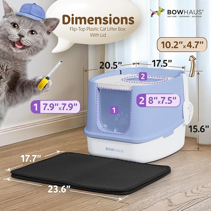 Fully Enclosed Cat Litter Box w/Lid, Scoop, Cat Mat & Odor Fitter, Large Plastic Cat Toilet with Double Door, Anti-Splashing Cat Litter Box with Lockable Front Door, Blue-PawvioPets