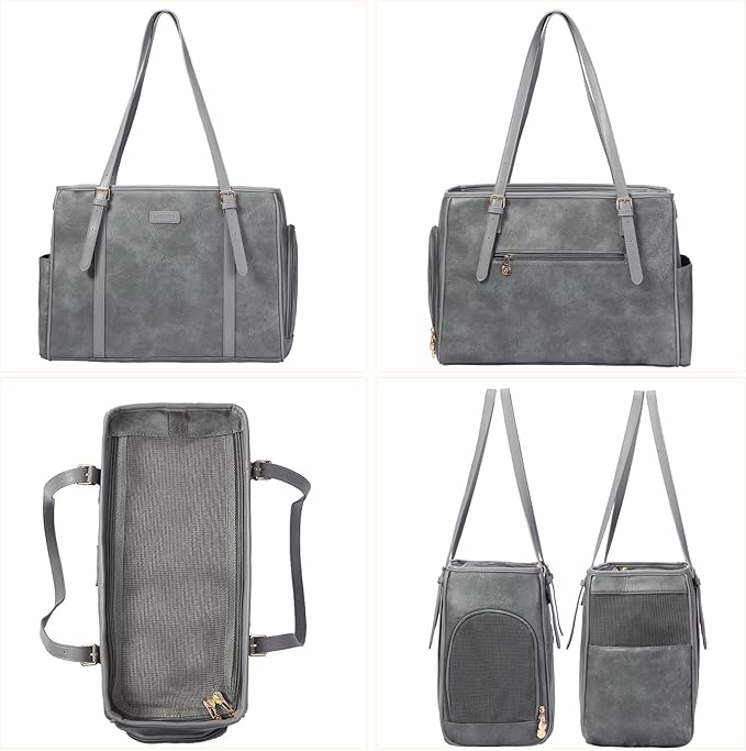 Fashion Dog Purse Pet Carrier Leather Bag for Small Dogs Cats Puppy, Portable Tote Bag Airline Approved Soft-Sided Carriers (Grey)-PawvioPets