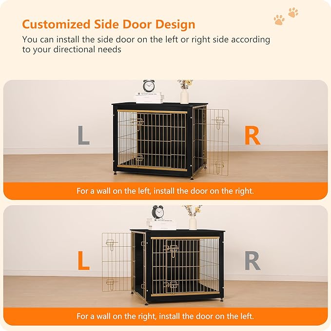 DWANTON Dog Crate Furniture with Cushion, Wooden Kennel Table with Double Doors, Indoor Dog House, Medium Size, 32.5" L, Black+Gold-PawvioPets